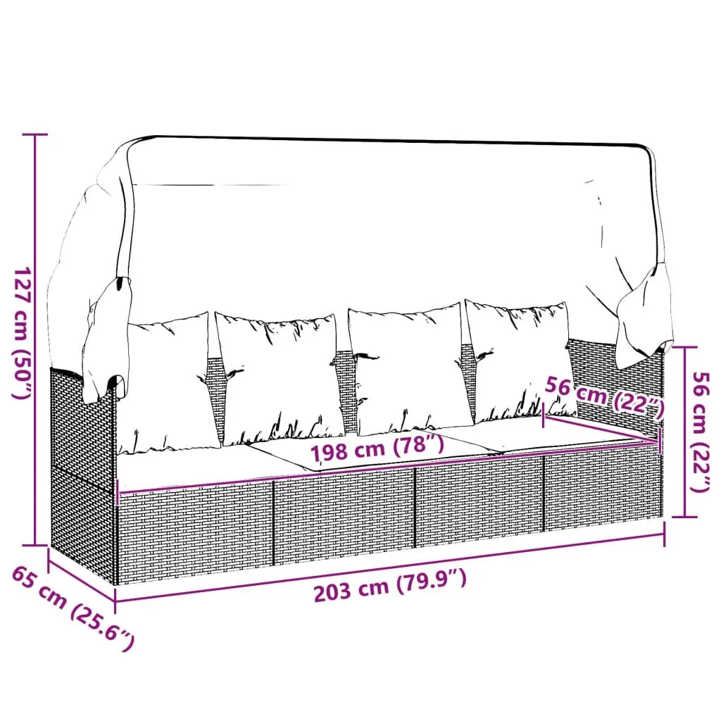 Outdoor Lounge Bed with Roof and Cushions Black Poly Rattan 319569