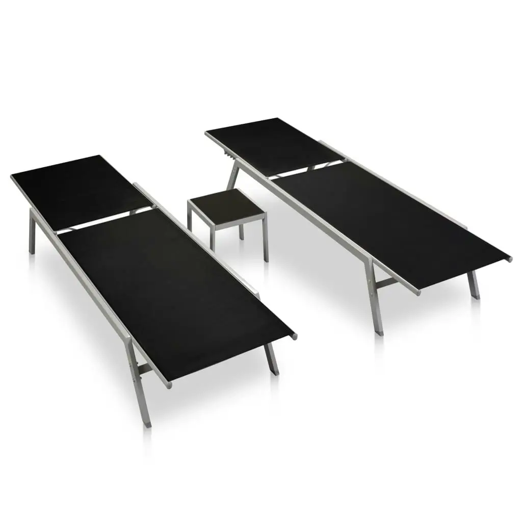 Sun Loungers 2 pcs with Table Steel and Textilene Black 48012