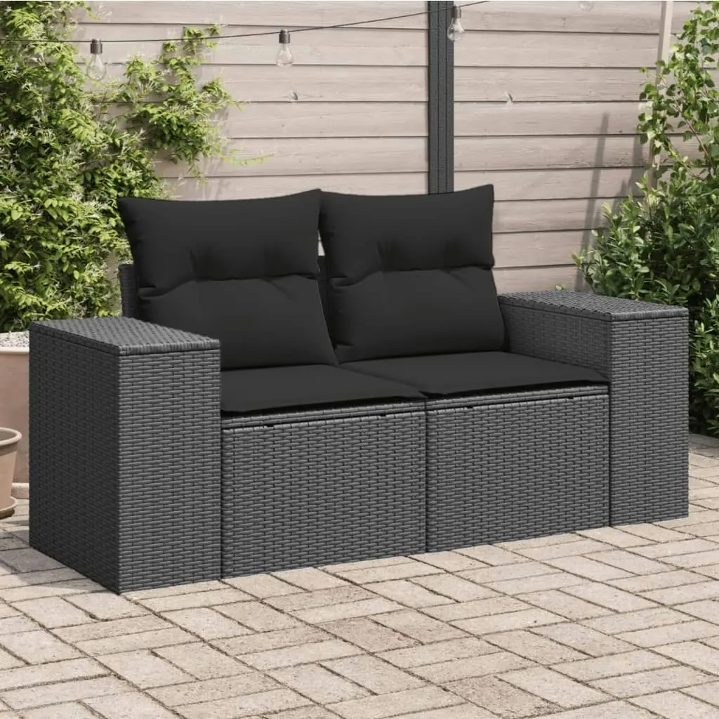 Garden Sofa with Cushions 2-Seater Black Poly Rattan 365974