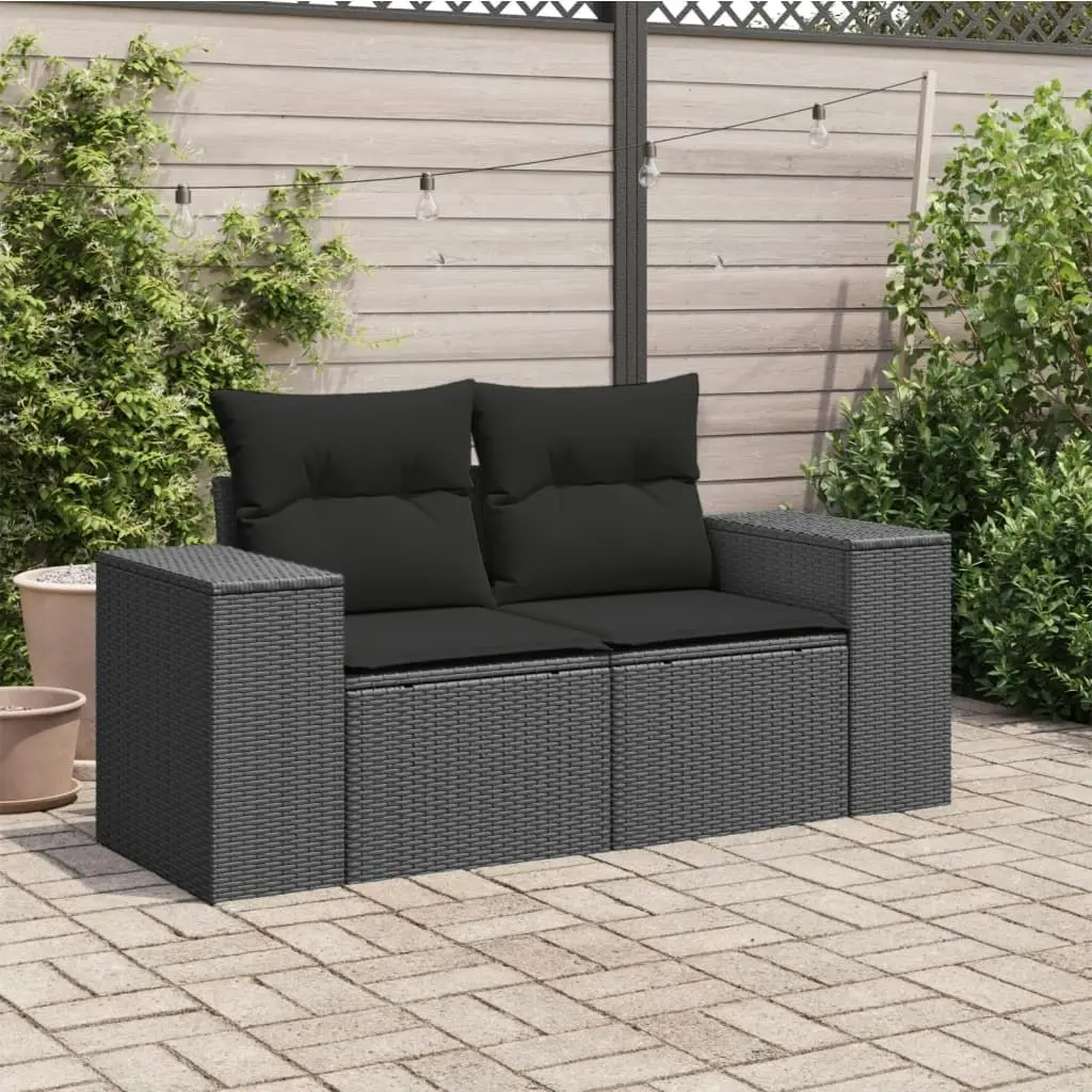 Garden Sofa with Cushions 2-Seater Black Poly Rattan 365974