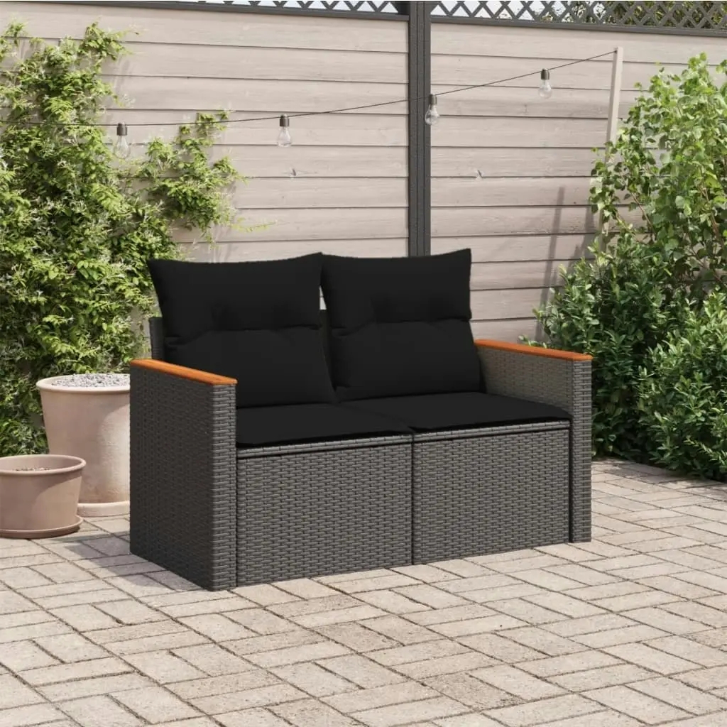 Garden Sofa with Cushions 2-Seater Black Poly Rattan 365977