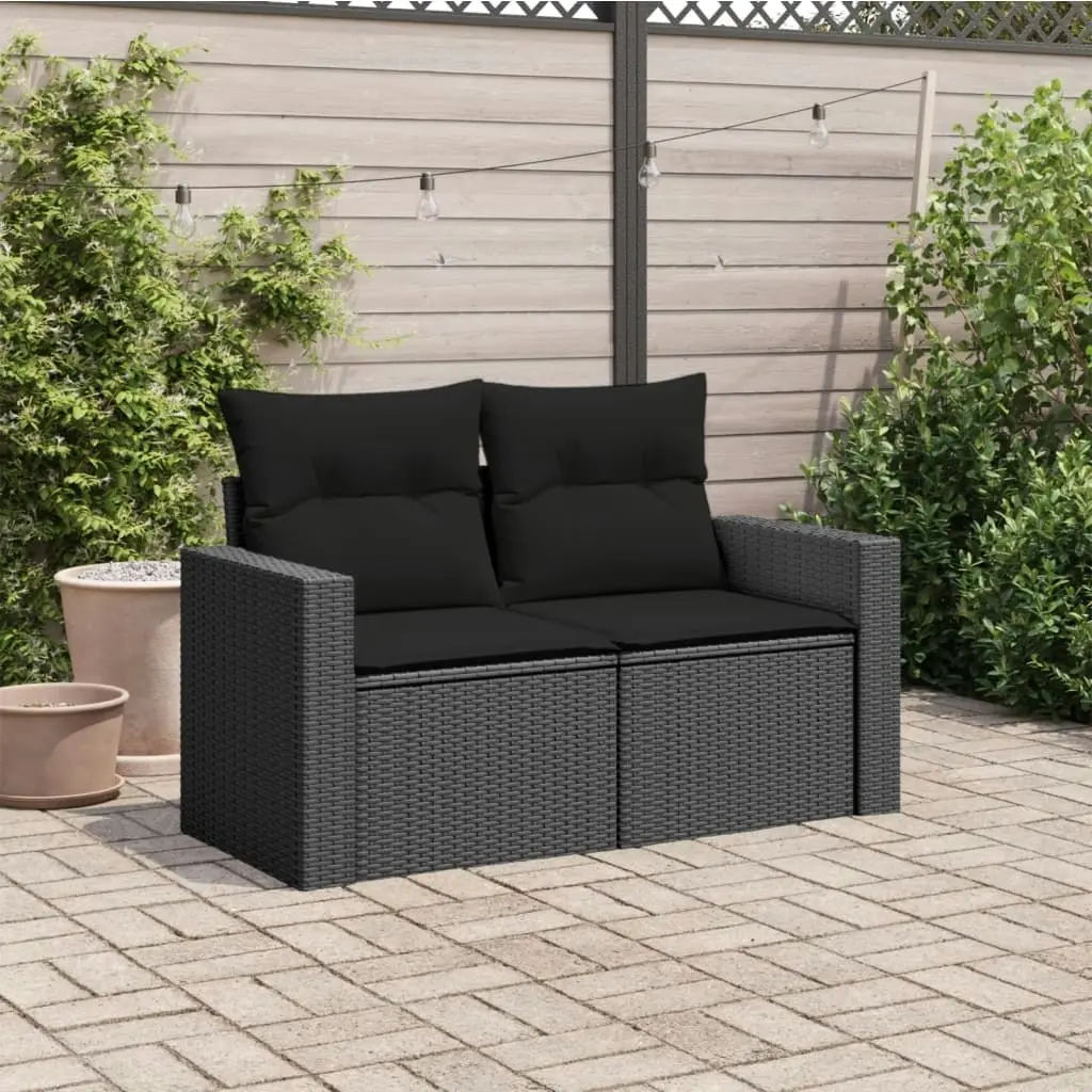 Garden Sofa with Cushions 2-Seater Black Poly Rattan 365971