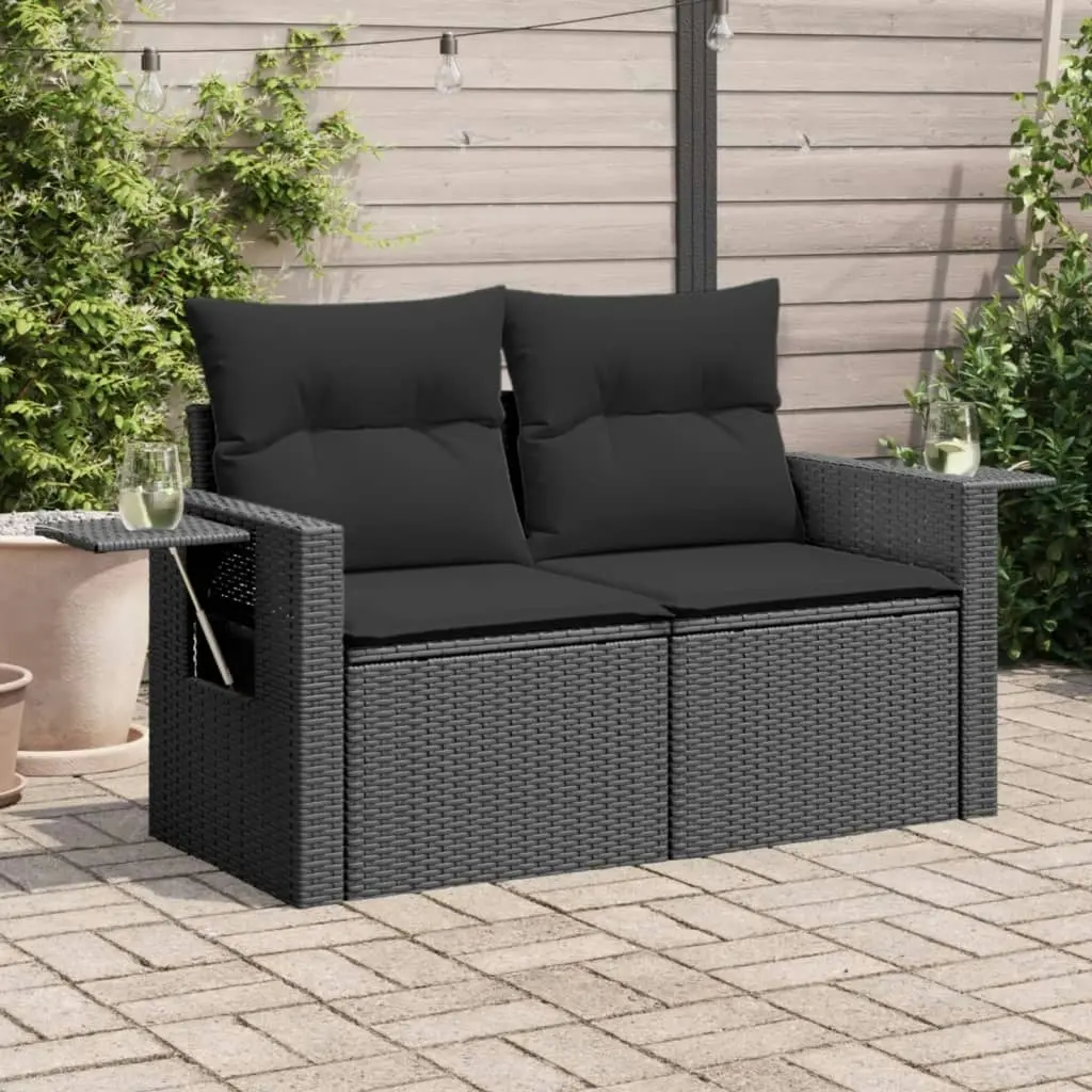 Garden Sofa with Cushions 2-Seater Black Poly Rattan 365972