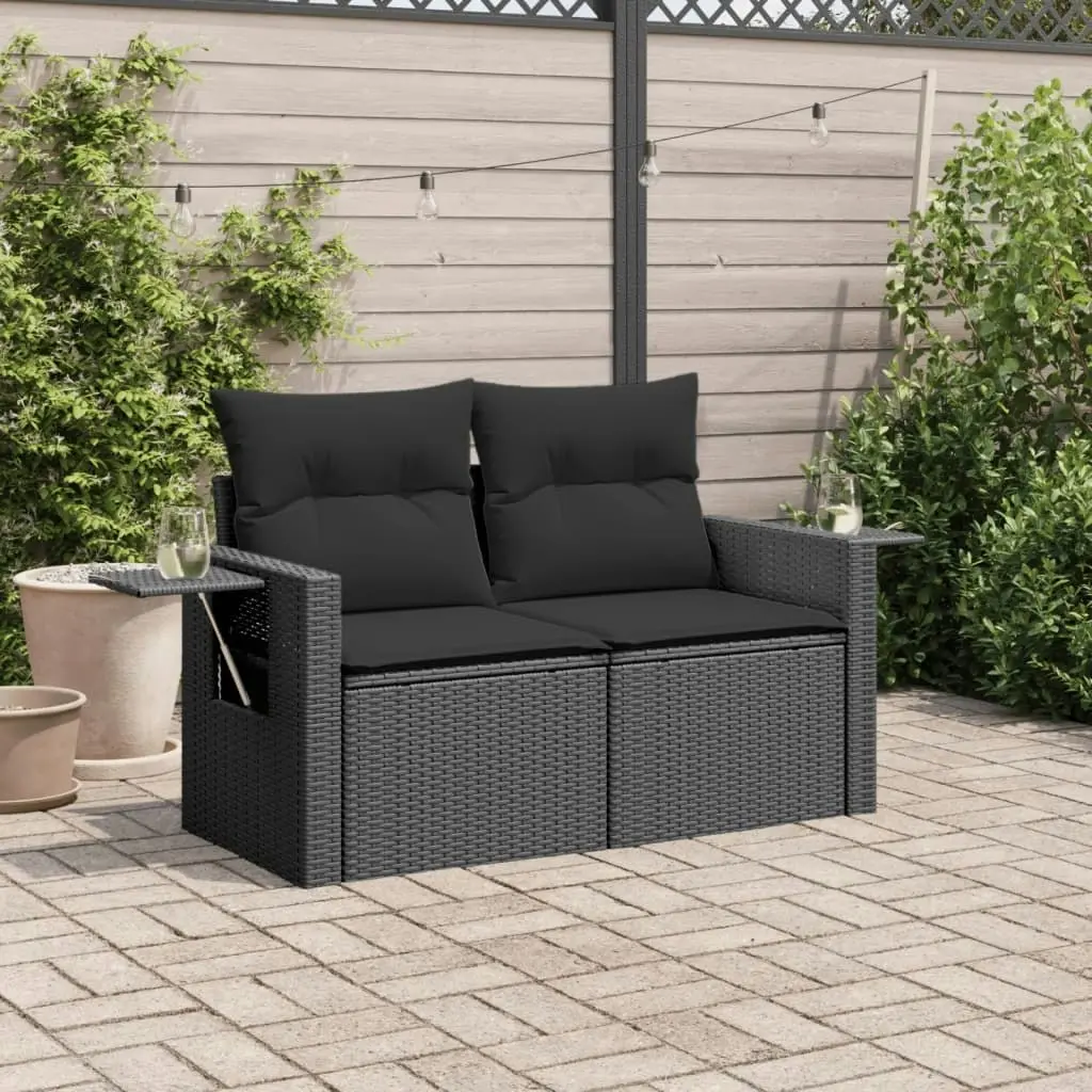 Garden Sofa with Cushions 2-Seater Black Poly Rattan 365972