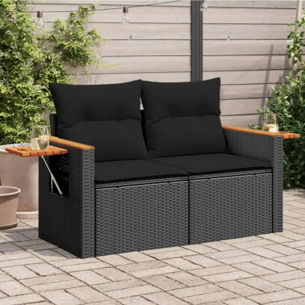 Garden Sofa with Cushions 2-Seater Black Poly Rattan 365978