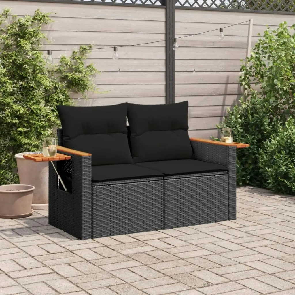 Garden Sofa with Cushions 2-Seater Black Poly Rattan 365978