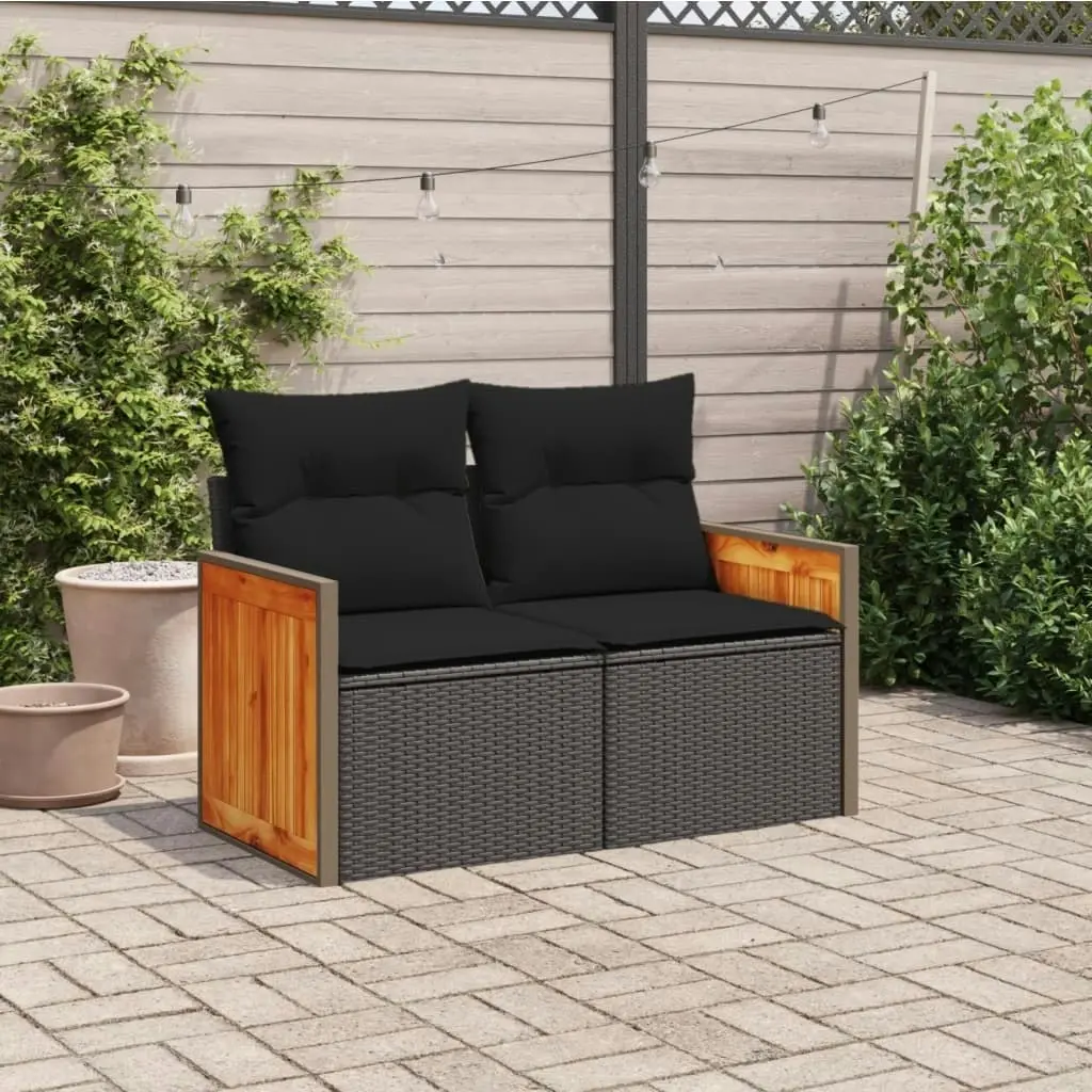 Garden Sofa with Cushions 2-Seater Black Poly Rattan 365979