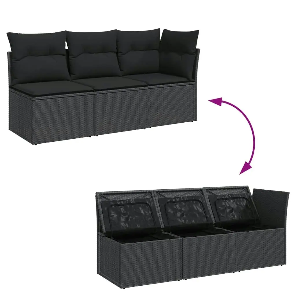 Garden Sofa with Cushions 3-Seater Black Poly Rattan 365987