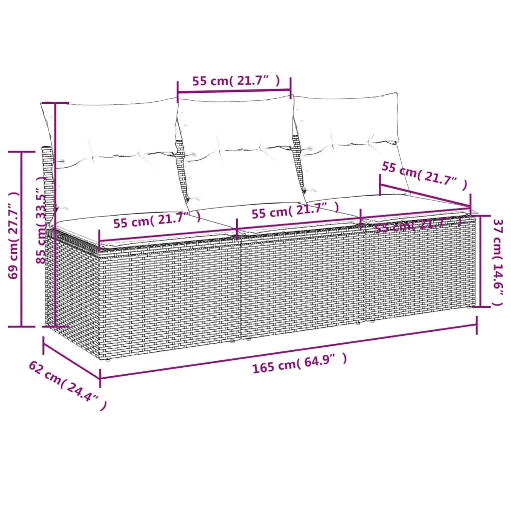 Garden Sofa with Cushions 3-Seater Black Poly Rattan 365988