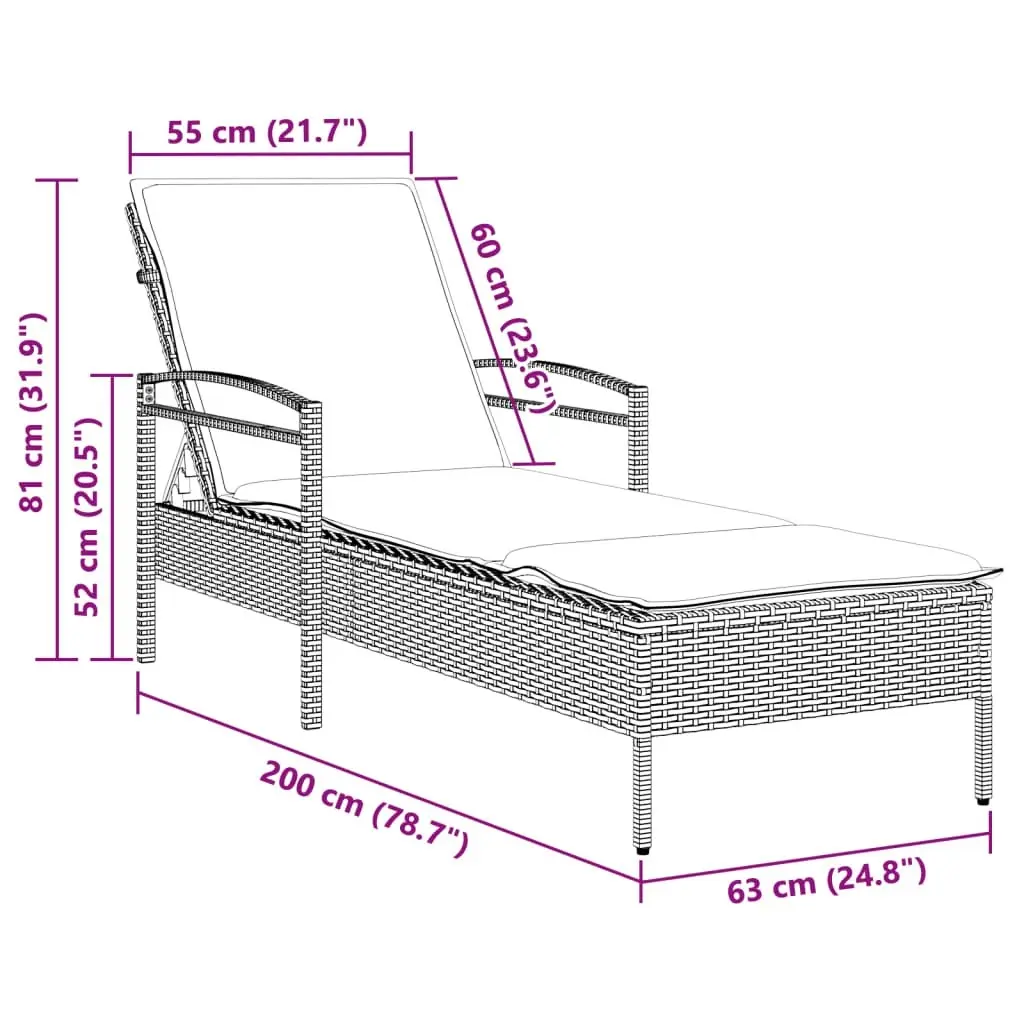 Sun Lounger with Cushion Grey 63x200x81 cm Poly Rattan 368301