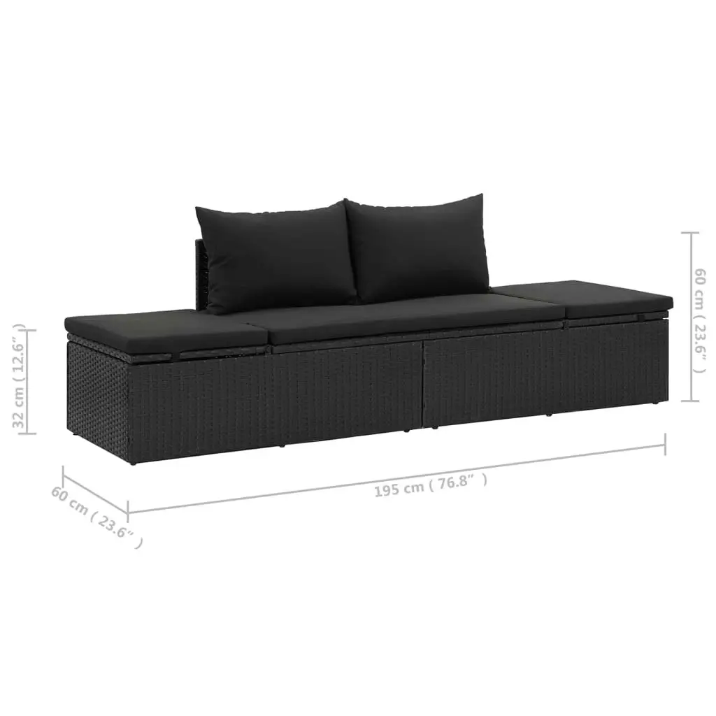 Sun Bed with Cushions Poly Rattan Black 46224