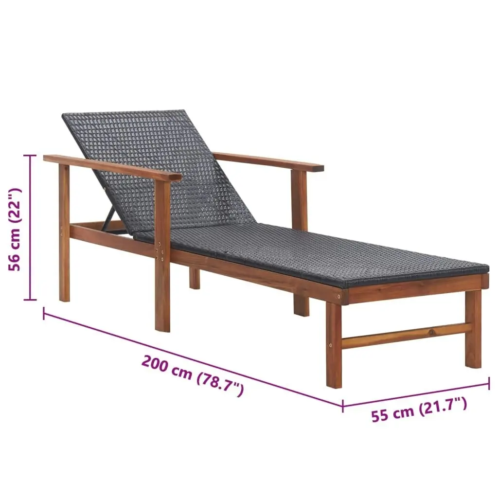 Sun Lounger Poly Rattan and Solid Acacia Wood Black 48706