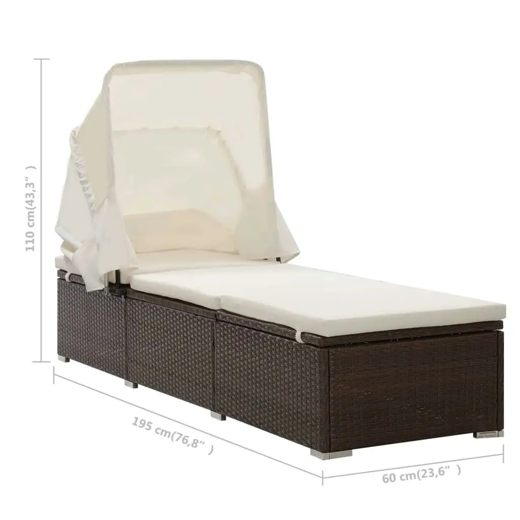 Sun Lounger with Canopy and Cushion Poly Rattan Brown 46247