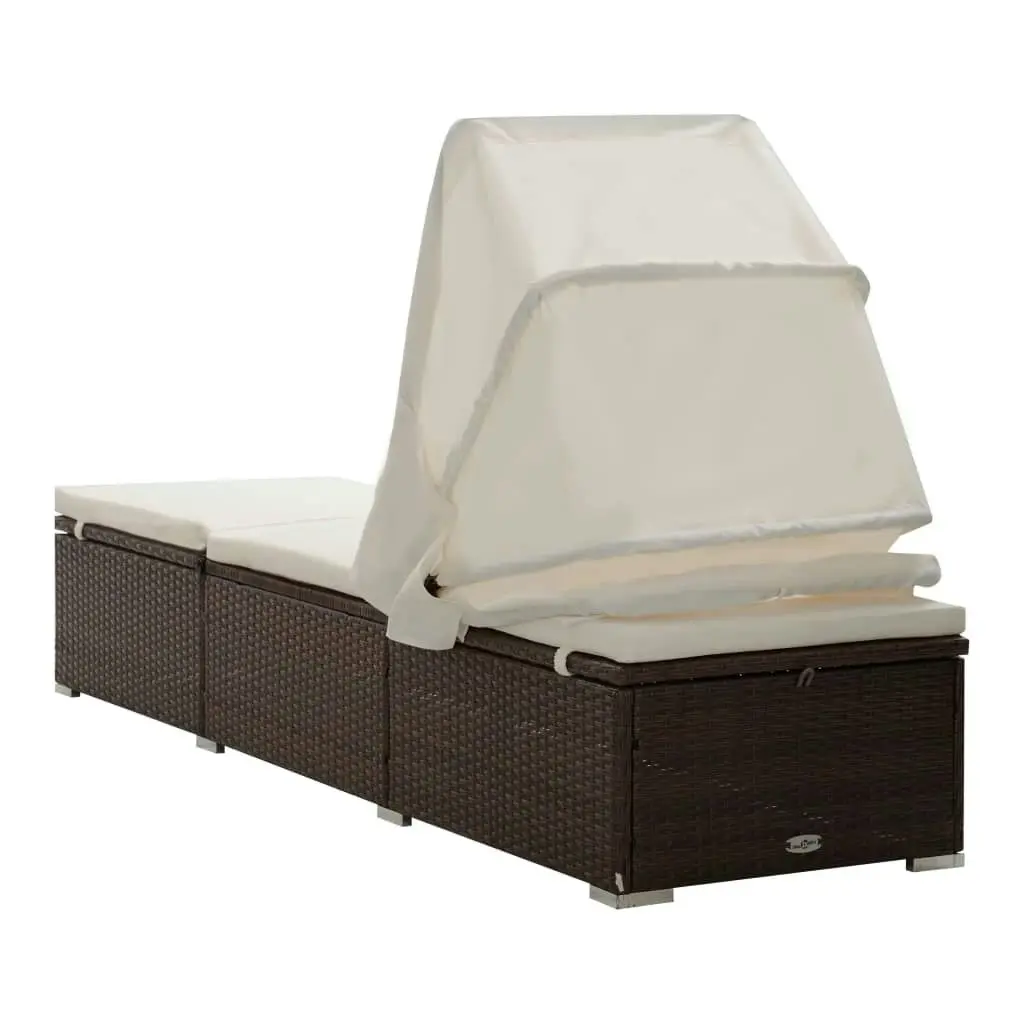 Sun Lounger with Canopy and Cushion Poly Rattan Brown 46247