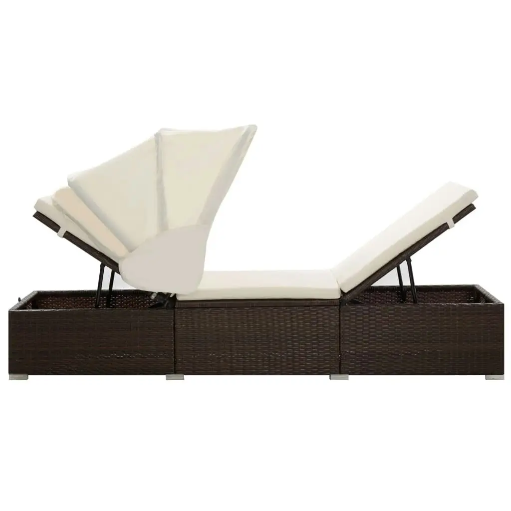 Sun Lounger with Canopy and Cushion Poly Rattan Brown 46247