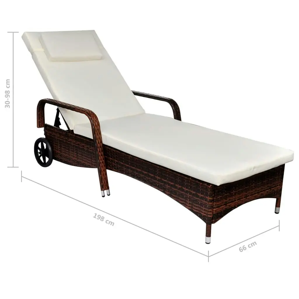 Sun Lounger with Cushion & Wheels Poly Rattan Brown 42476