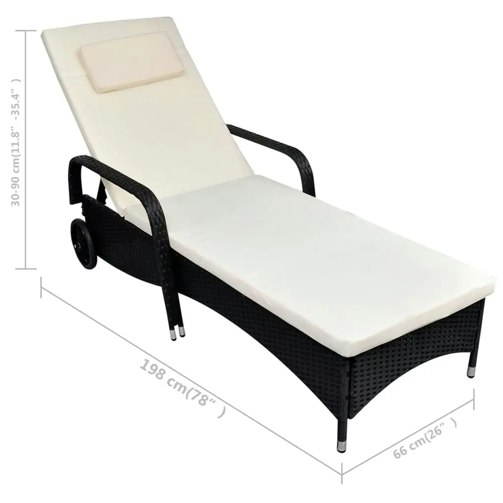 Sun Lounger with Cushion & Wheels Poly Rattan Black 42475