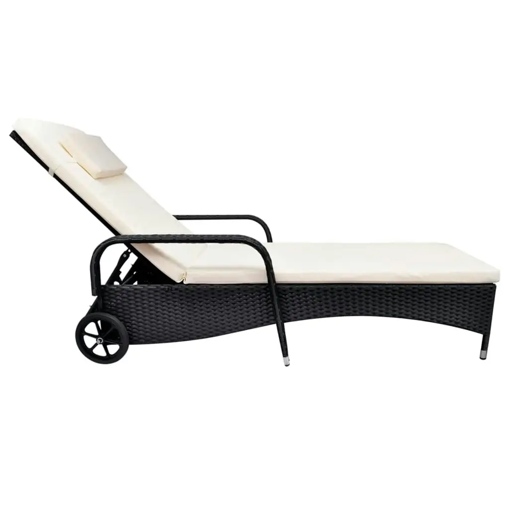 Sun Lounger with Cushion & Wheels Poly Rattan Black 42475