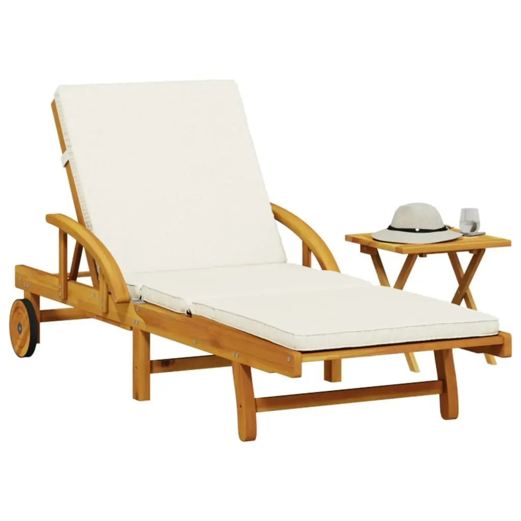 Sun Lounger with Cushion and Table Solid Wood Acacia 3206362