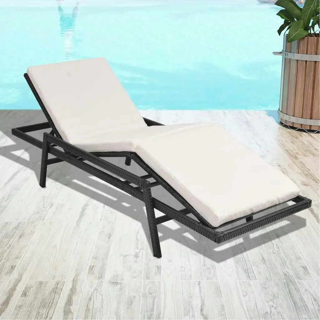 Sun Lounger with Cushion Poly Rattan Black 43108