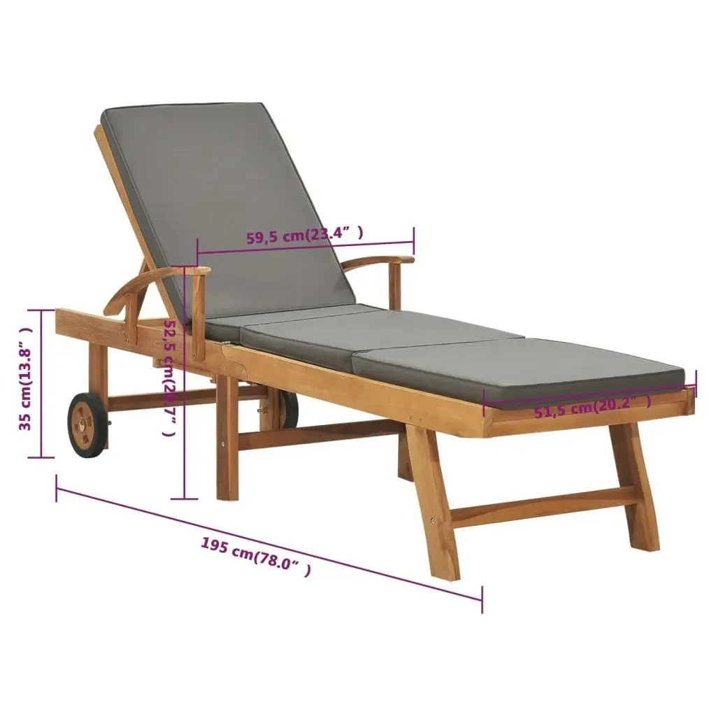 Sun Lounger with Cushion Solid Teak Wood Dark Grey 48023