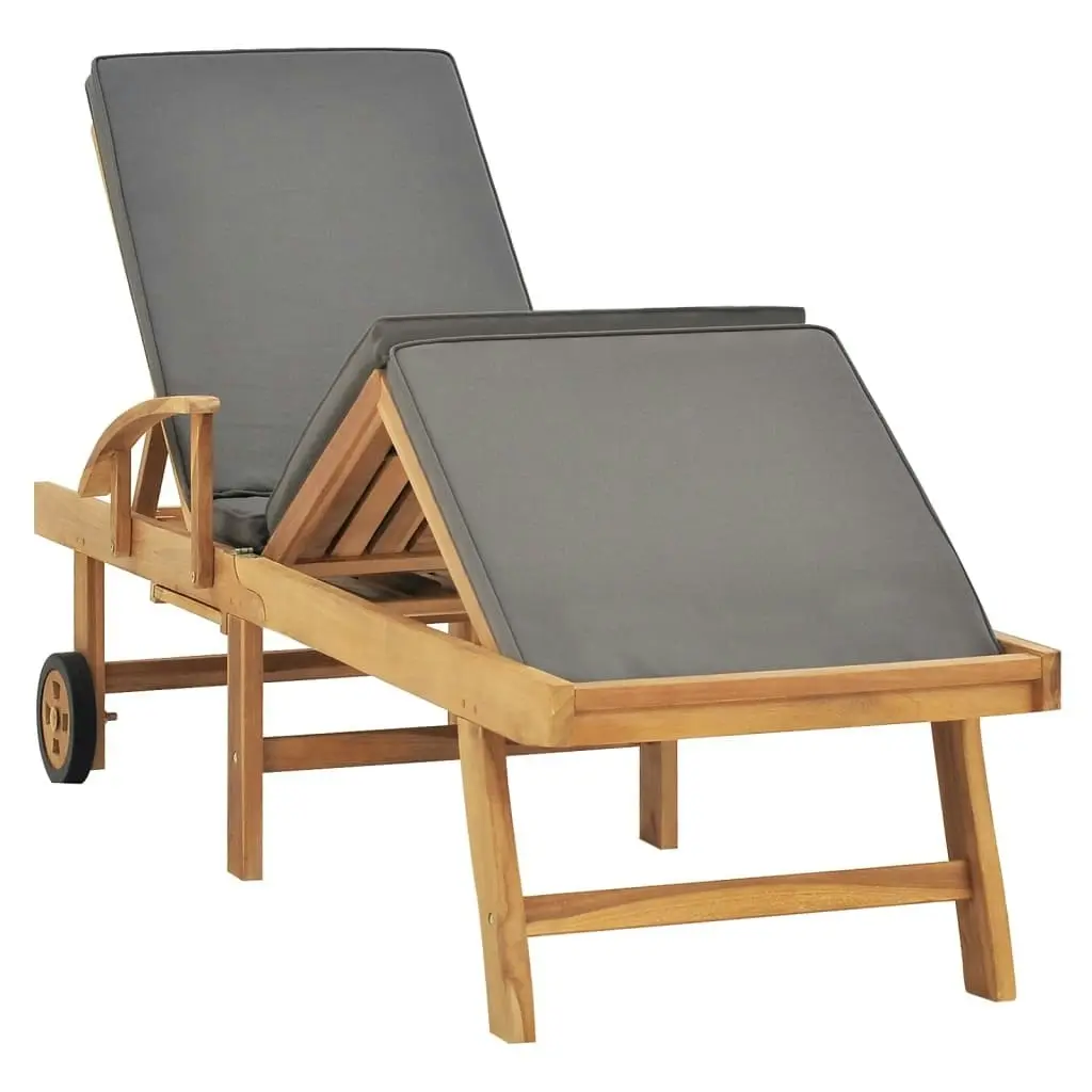 Sun Lounger with Cushion Solid Teak Wood Dark Grey 48023