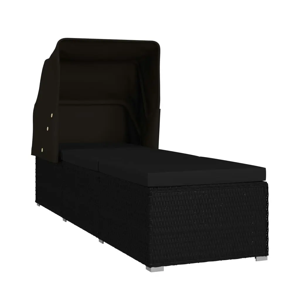 Sun Lounger with Canopy and Cushion Poly Rattan Black 46249