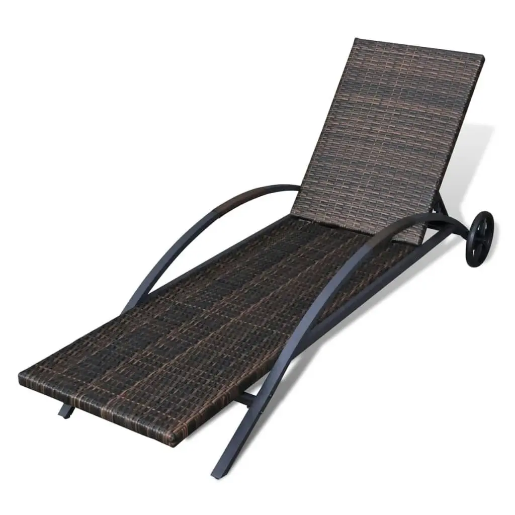 Sun Lounger with Cushion & Wheels Poly Rattan Brown 42488