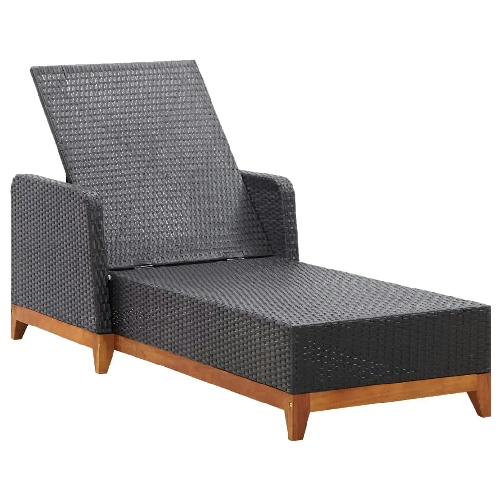 Sun Lounger Poly Rattan and Solid Acacia Wood Black 46012