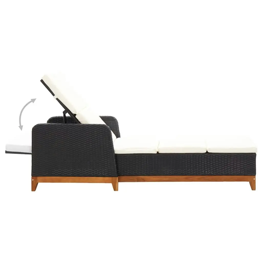 Sun Lounger Poly Rattan and Solid Acacia Wood Black 46012