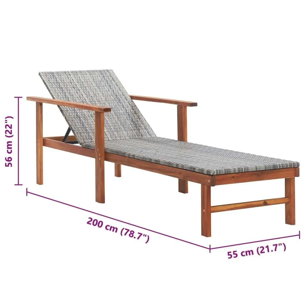 Sun Lounger Poly Rattan and Solid Acacia Wood Grey 48704