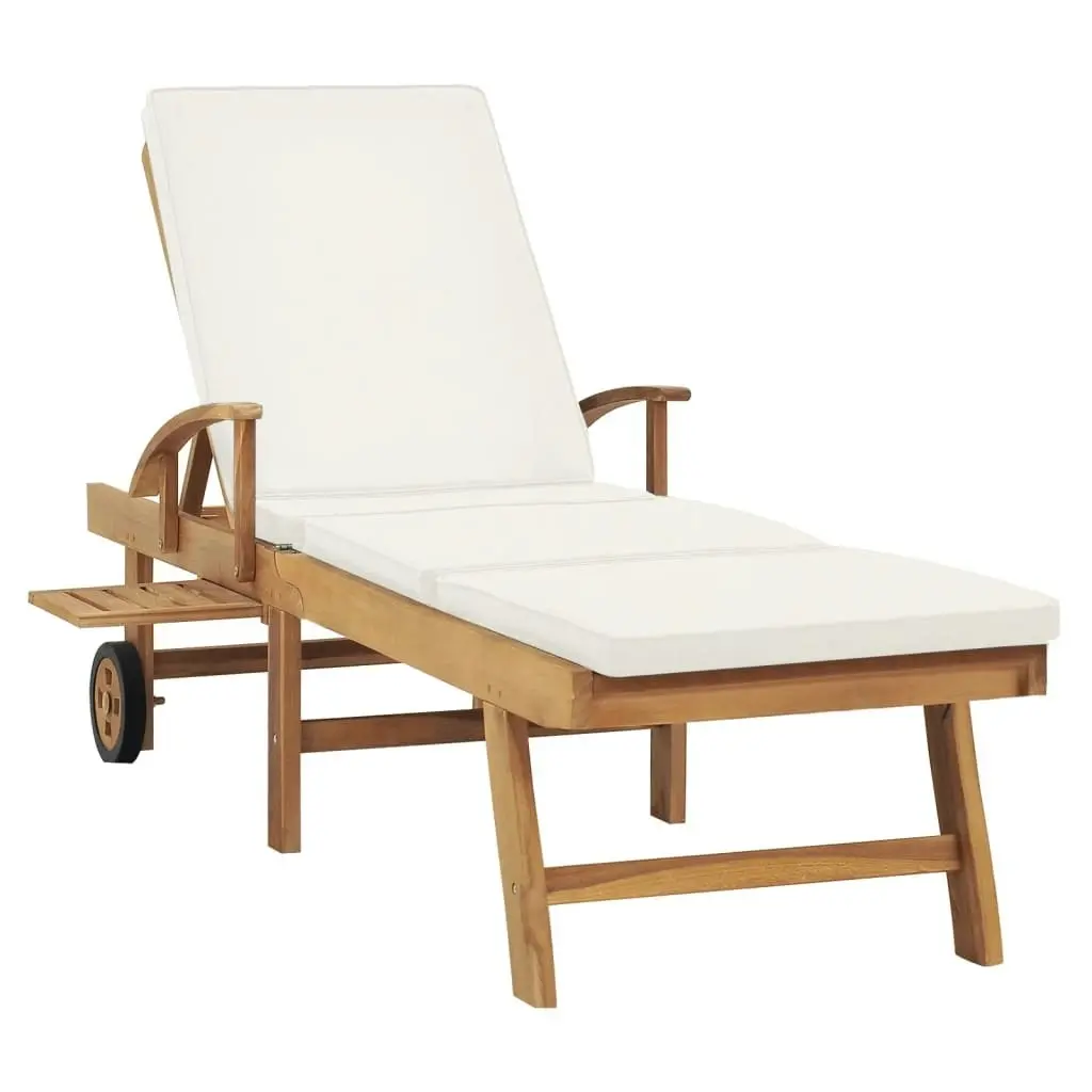 Sun Lounger with Cushion Solid Teak Wood Cream 48022