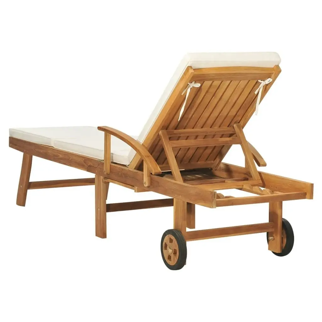 Sun Lounger with Cushion Solid Teak Wood Cream 48022