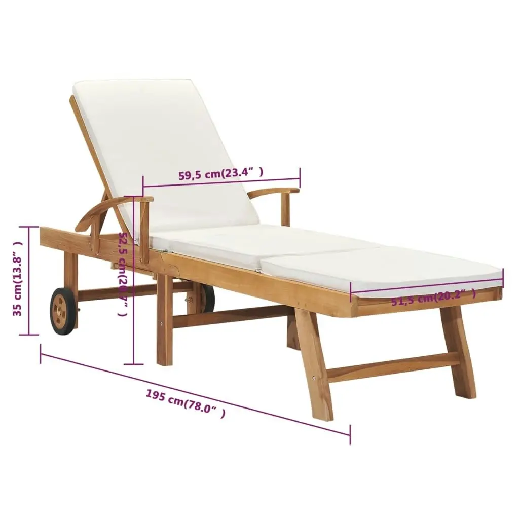 Sun Lounger with Cushion Solid Teak Wood Cream 48022