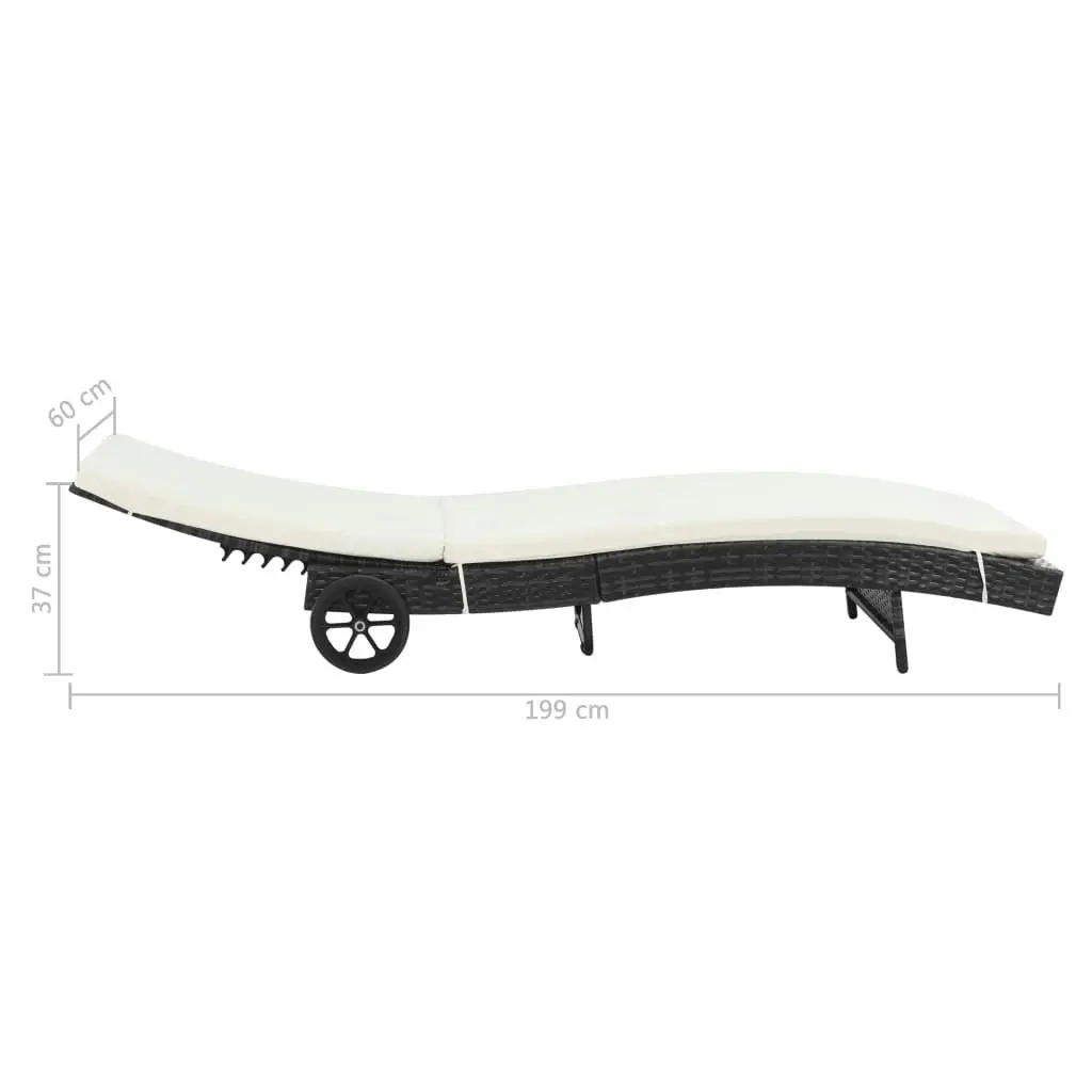 Sun Lounger with Wheels and Cushion Poly Rattan Black 44454