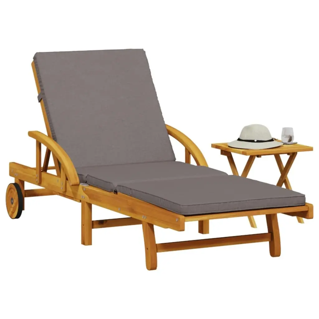 Sun Lounger with Cushion and Table Solid Wood Acacia 3206363