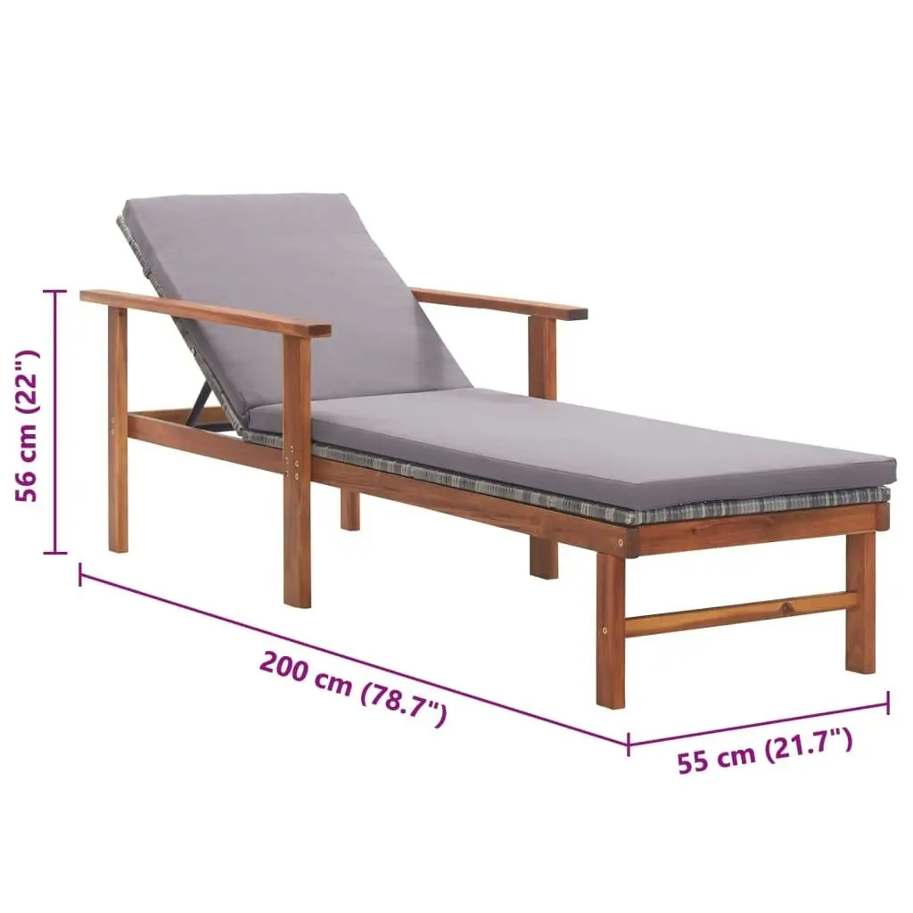 Sun Lounger with Cushion Poly Rattan and Solid Acacia Wood Grey 48705