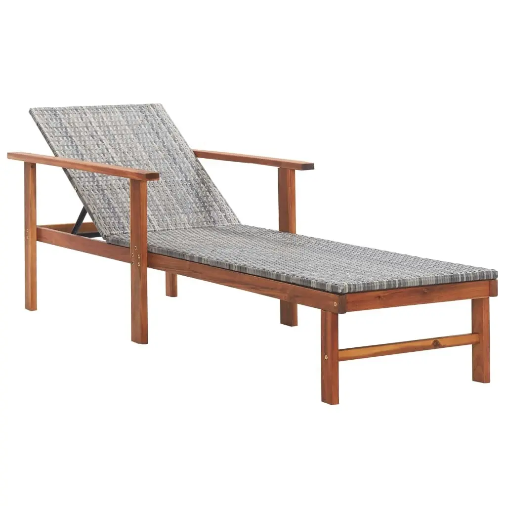 Sun Lounger with Cushion Poly Rattan and Solid Acacia Wood Grey 48705