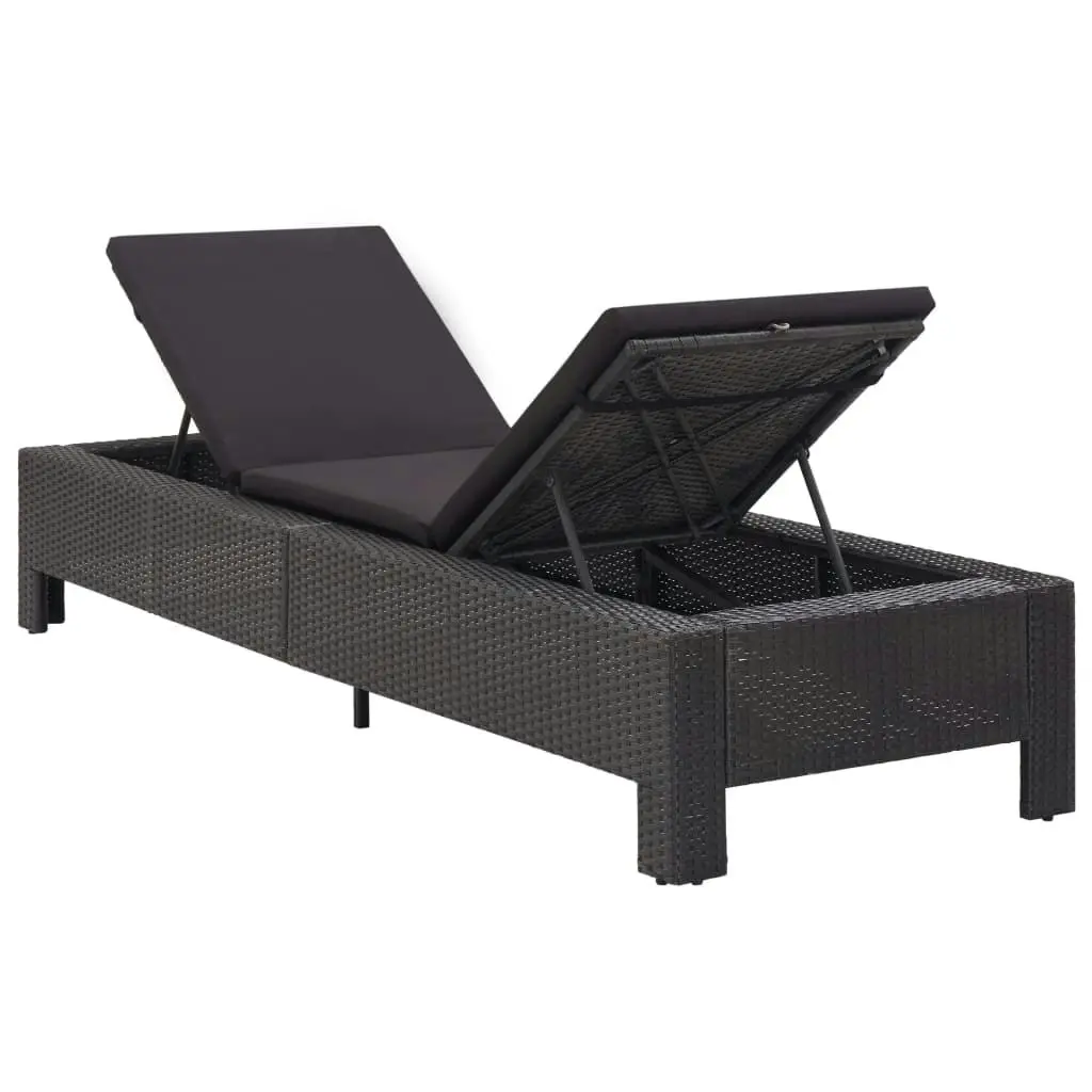 Sunbed with Cushion Black Poly Rattan 46237