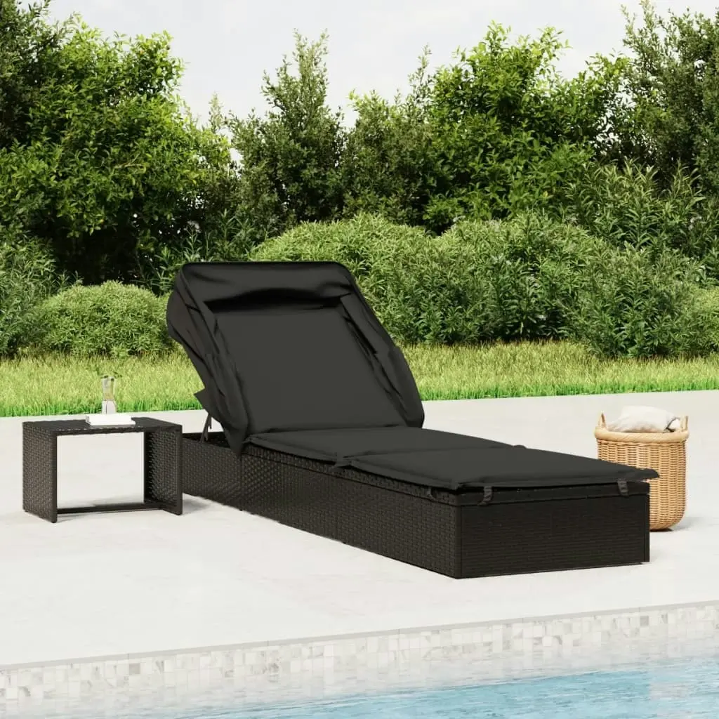 Sunbed with Foldable Roof Black 213x63x97 cm Poly Rattan 319640