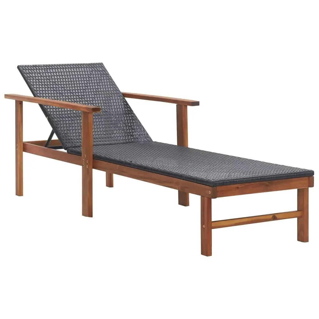 Sun Lounger with Cushion Poly Rattan and Solid Acacia Wood Black 48707