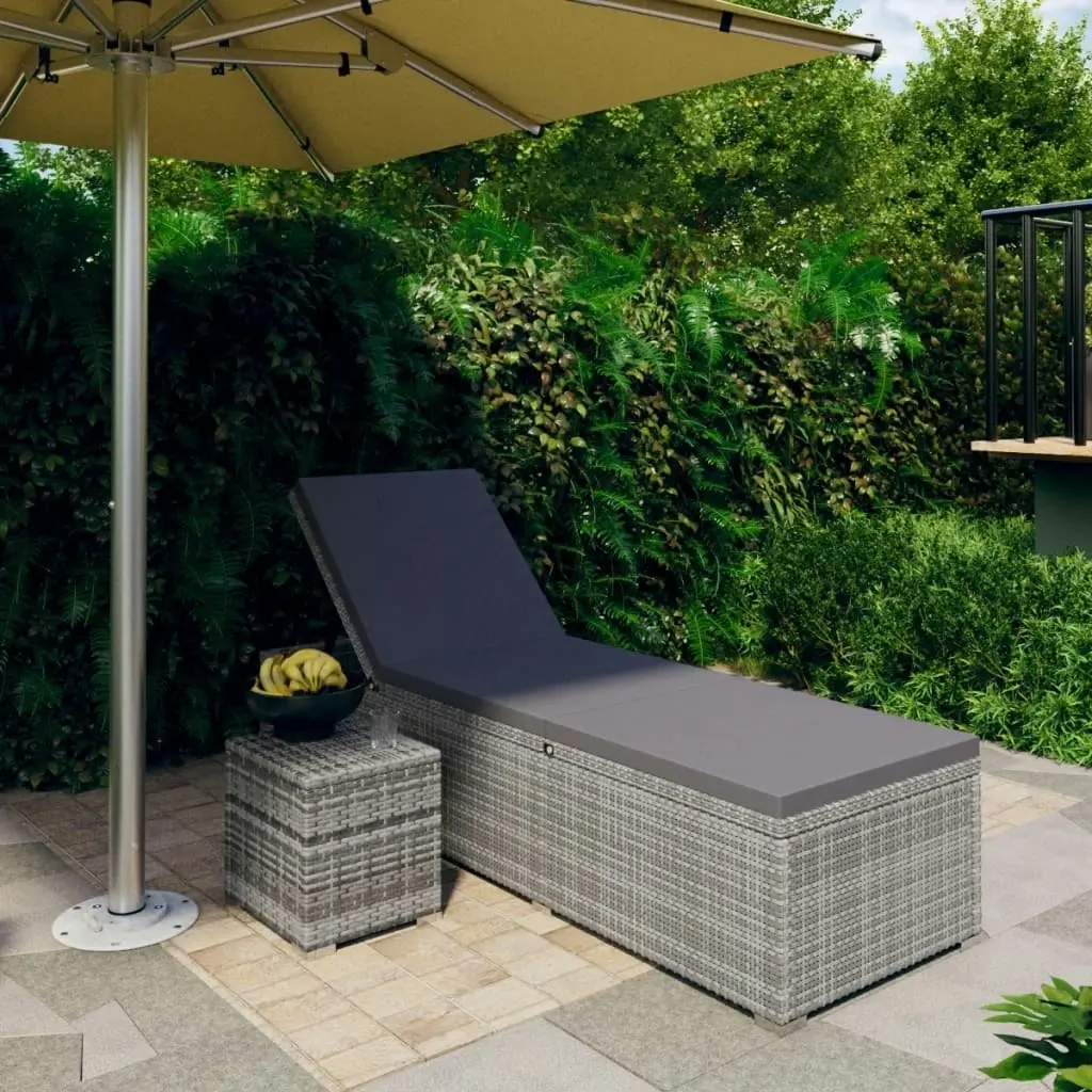 Sun Lounger with Cushion and Tea Table Poly Rattan Grey 46227