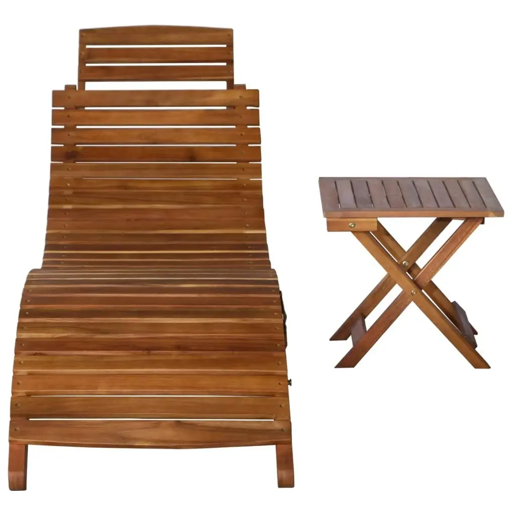 Sunlounger with Table Solid Acacia Wood Brown 46653