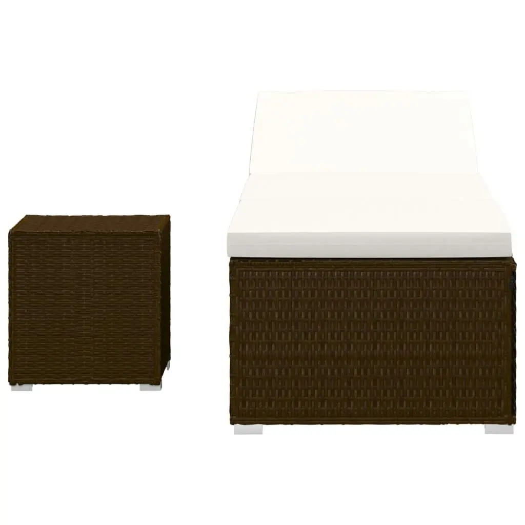 Sun Lounger with Cushion and Tea Table Poly Rattan Brown 46226