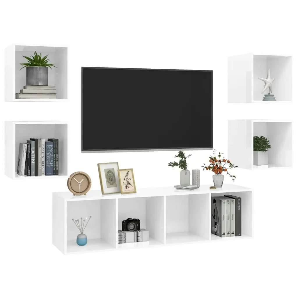 5 Piece TV Cabinet Set High Gloss White Engineered Wood 3079625