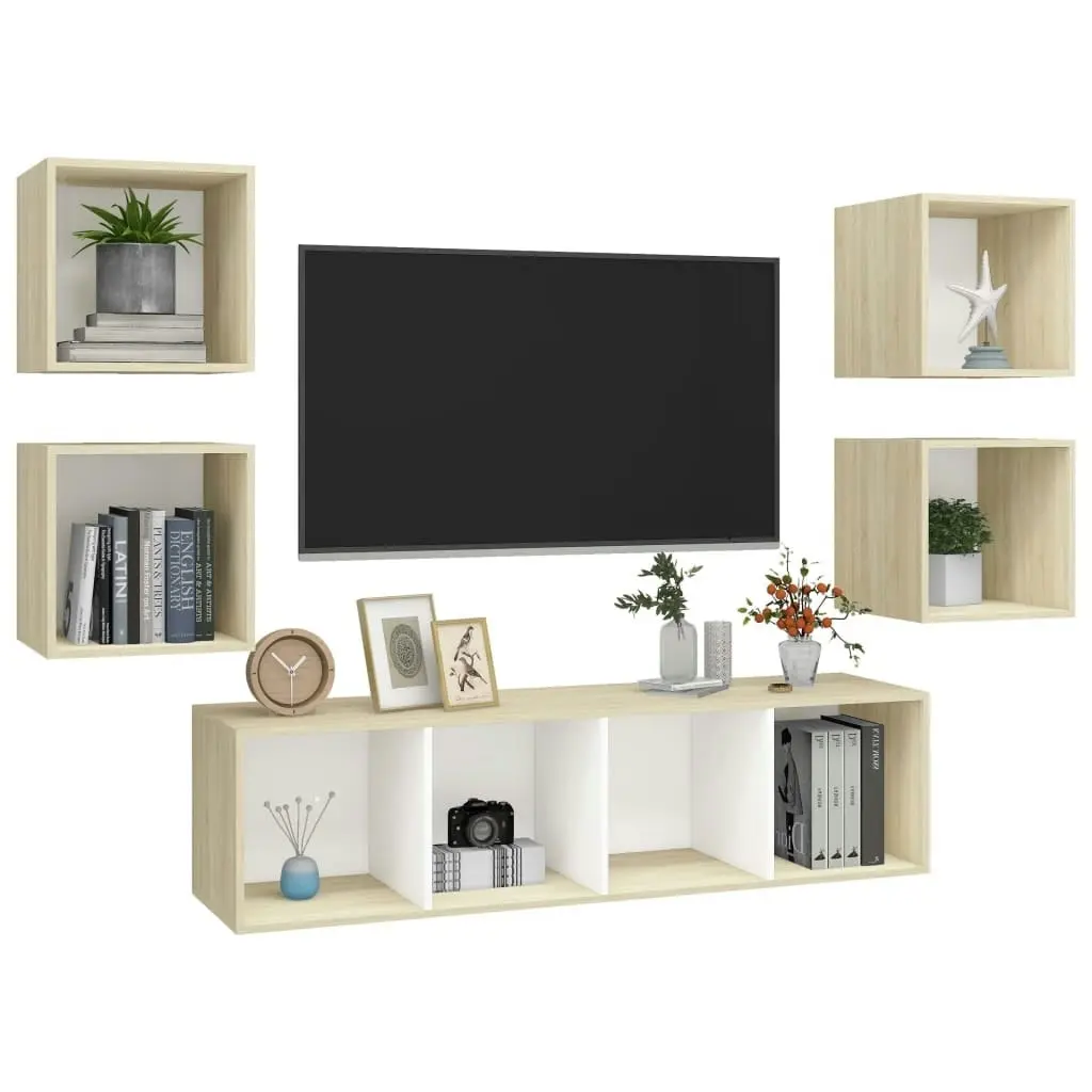 5 Piece TV Cabinet Set White and Sonoma Oak Engineered Wood 3079624