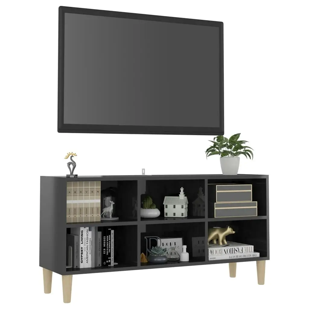 TV Cabinet with Solid Wood Legs High Gloss Grey 103.5x30x50 cm 805949