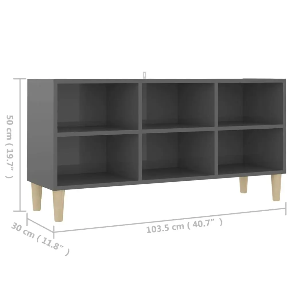 TV Cabinet with Solid Wood Legs High Gloss Grey 103.5x30x50 cm 805949