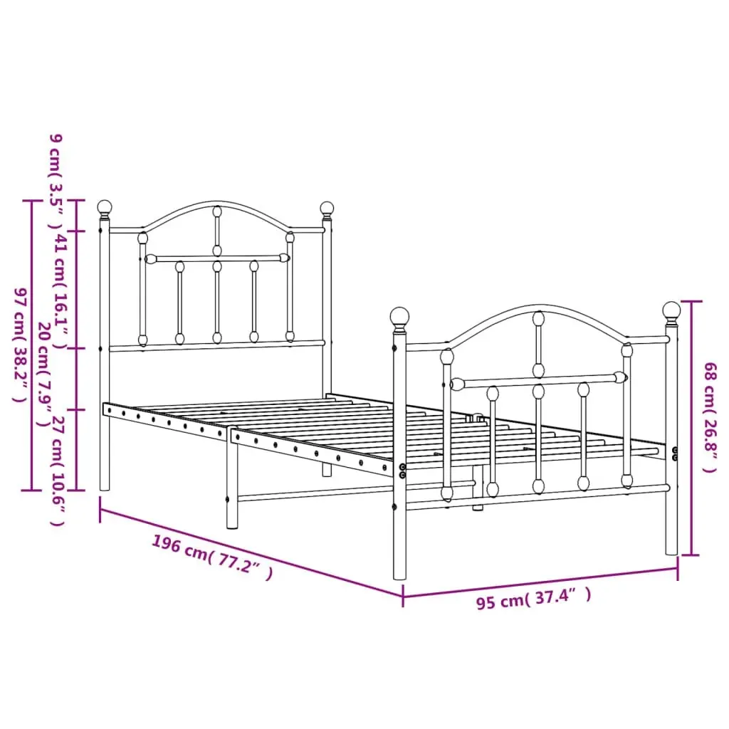 Metal Bed Frame with Headboard and Footboard White 92x187 cm Single Size 353498