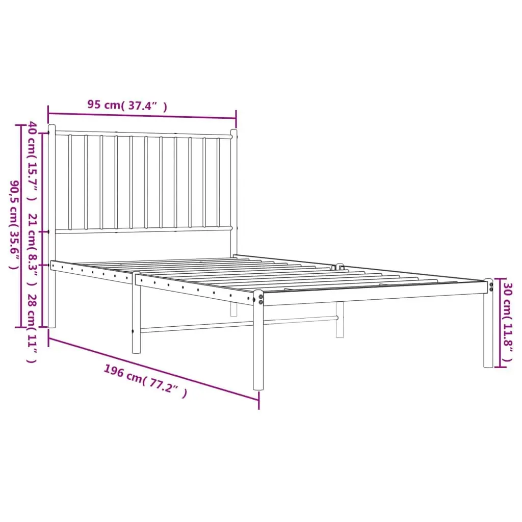 Metal Bed Frame with Headboard Black 92x187 cm Single Size 350856